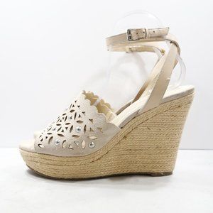 Marc Fisher Hata Tan Leather Studded Platform 4.5" Espadrille Wedge Sandals